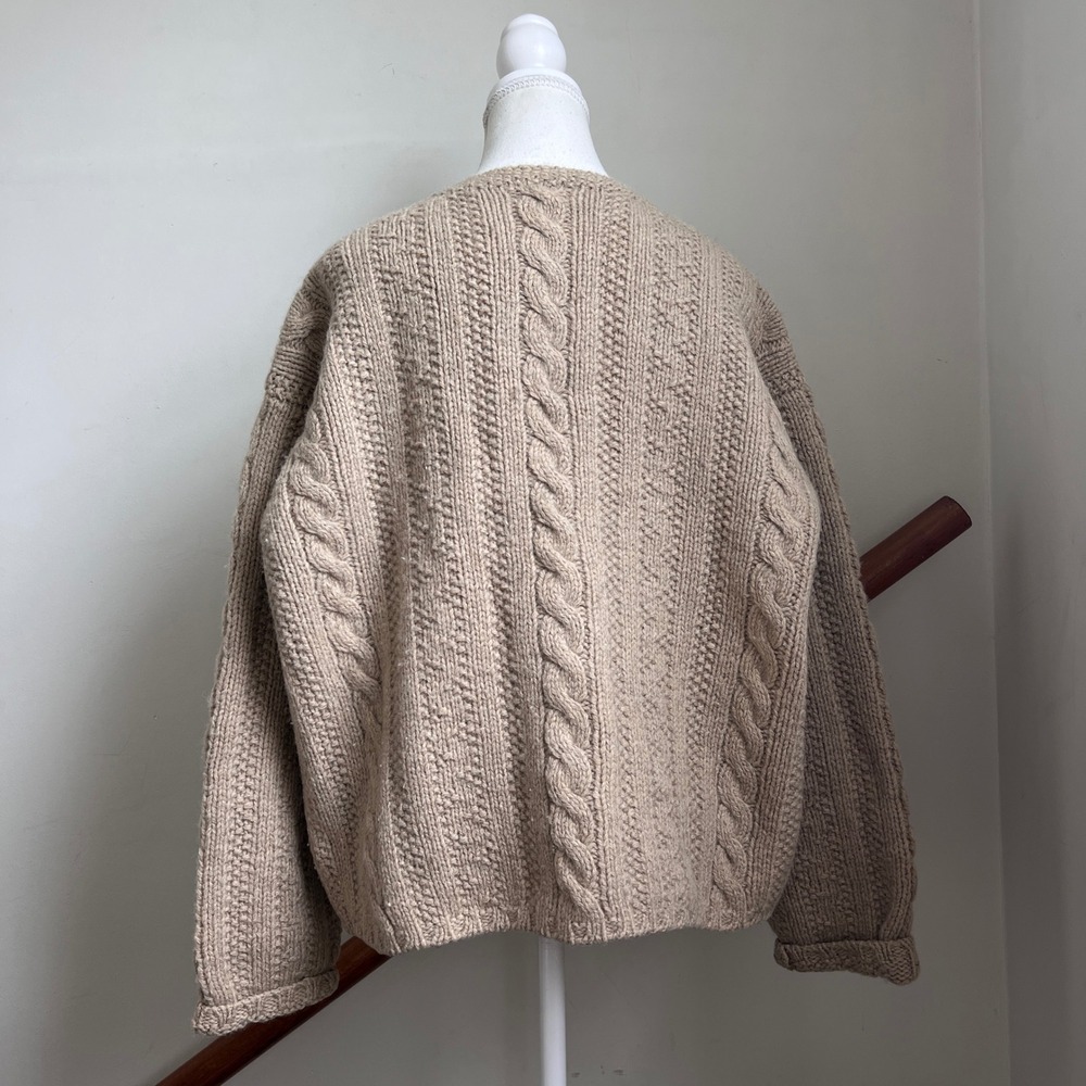 Vintage J.Crew Fisherman Cardigan Sweater Shetland Wool Boxy Cable Knit Large - Picture 5 of 10